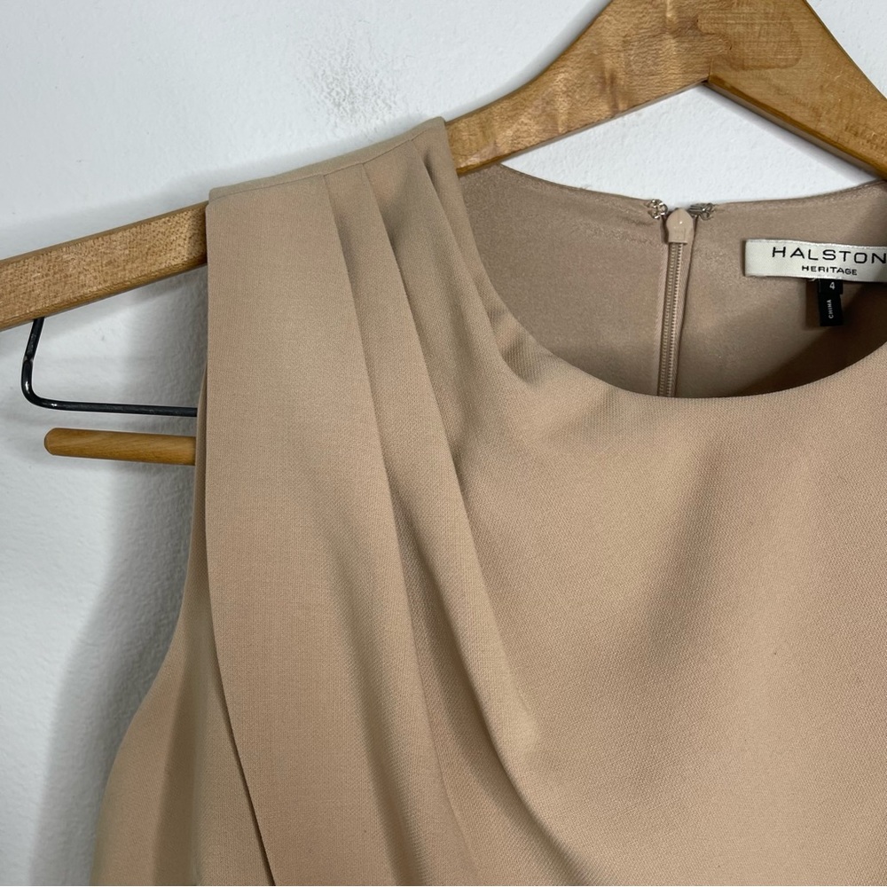 Halston Heritage Camel Drape Front Asymmetrical Hem Dress Sleeveless Size 4 - Picture 9 of 16